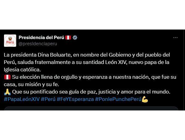 Dina Boluarte sobre elección de Papa León XIV