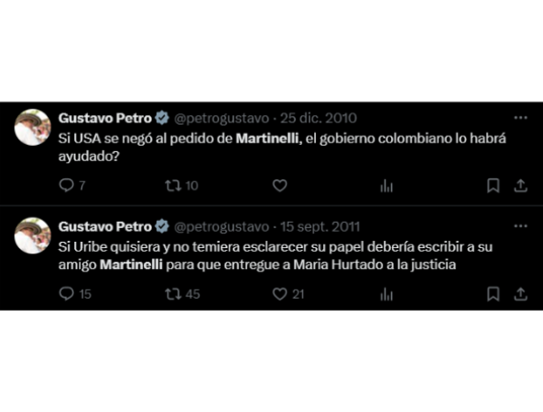 Publicaciones de Gustavo Petro sobre Martinelli.