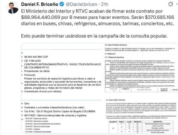 Este fue el trino del concejal Daniel Briceño en donde alerta sobre el contrato.
