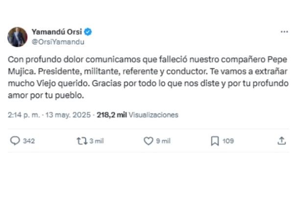 Presidente de Uruguay, Yamandú Orsi, informó la muerte de Pepe Mujica.