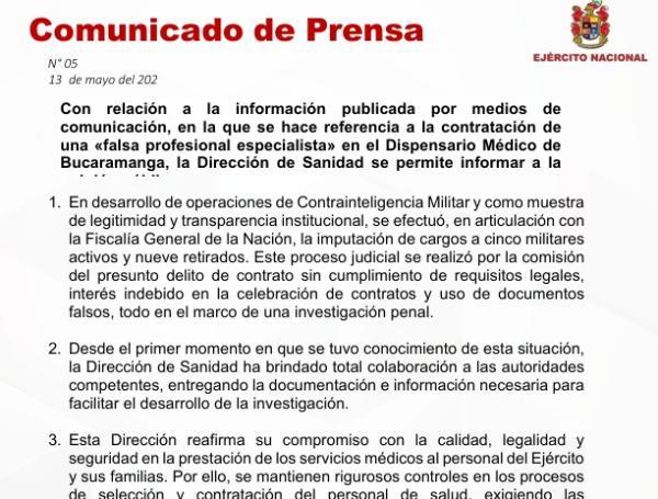 Comunicado Ejército Nacional tras anestesióloga falsa