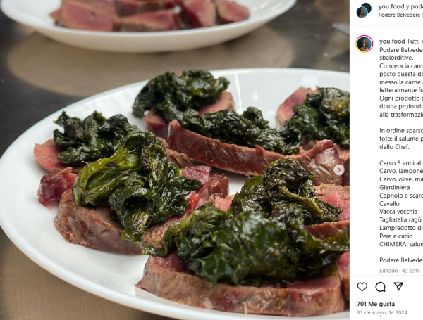 Plato de ciervo crudo, de 5 años de maduración, servido con hinojo, del restaurante Podere Belvedere