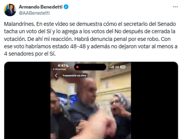 El trino del ministro del Interior, Armando Benedetti, en el que denuncia supuesto fraude.