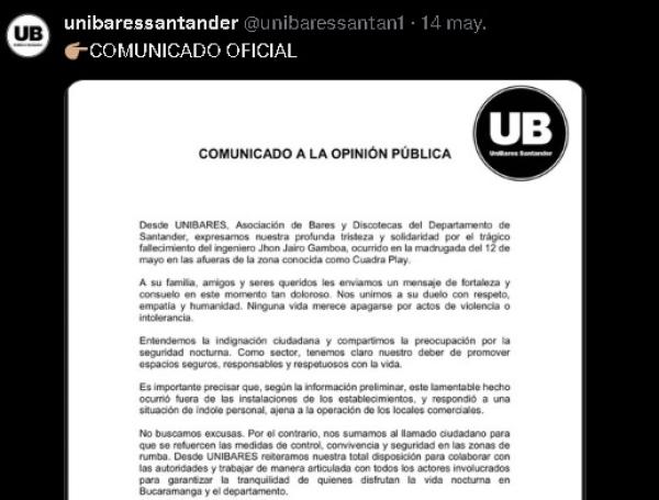 Comunicado Unibares por muerte de Jhon Gamboa.