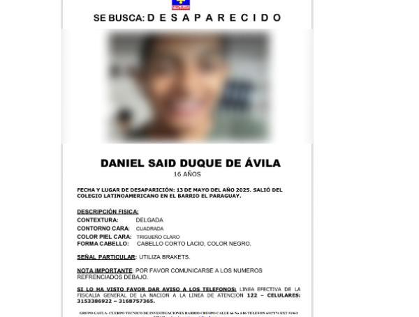 Cartel que se había emitido por la desaparición de Daniel Duque.