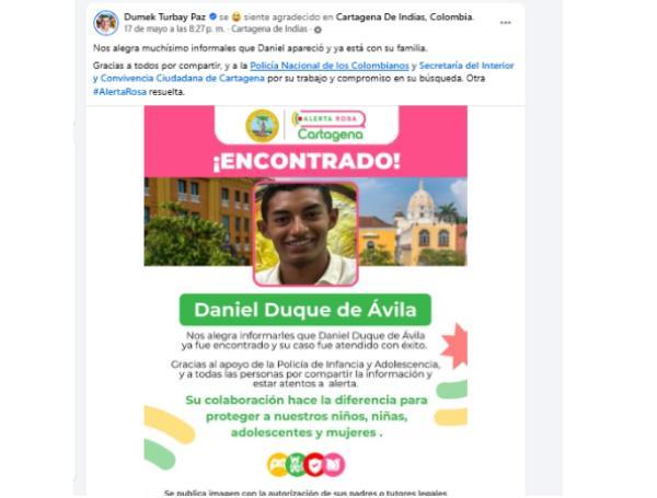 Alcalde de Cartagena, Dumek Turbay, celebró hallazgo de Daniel Duque.