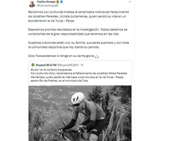Gobernador de Boyacá, Carlos Amaya, se pronunció por muerte del ciclista Jonathan Paredes.