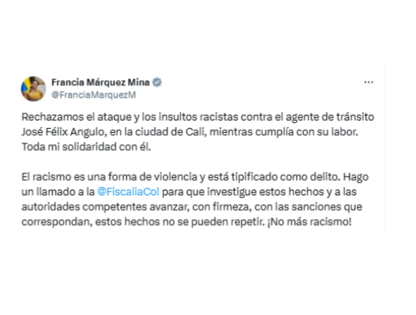 Mensaje de la vicepresidenta Francia Márquez por agresión a agente de tránsito en Cali.