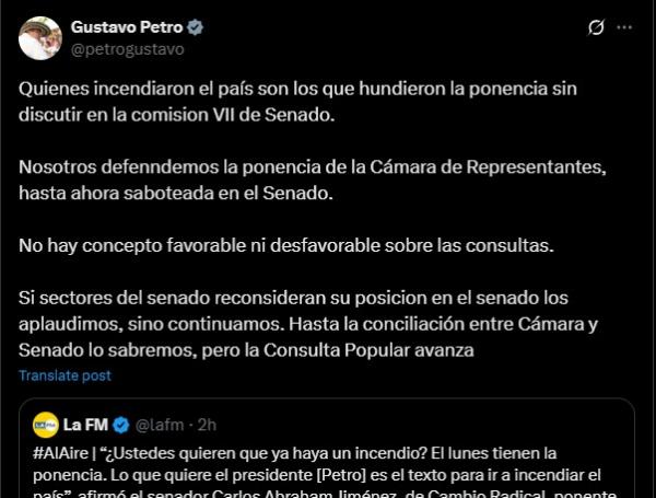 Este es el trino del presidente Gustavo Petro.