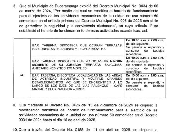 Decreto de Bucaramanga sobre horario de rumba y consumo de alcohol.