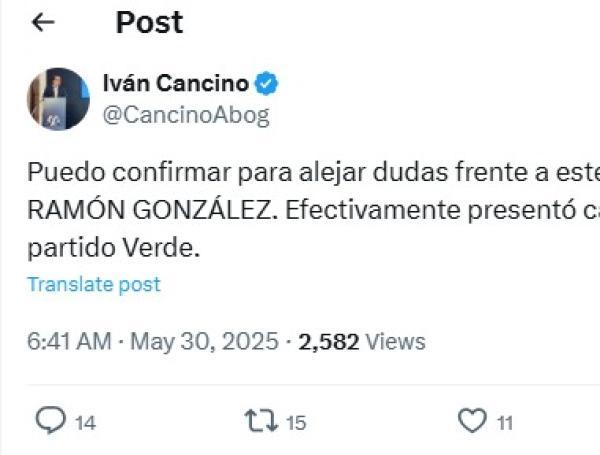 El apoderado de Carlos Ramón González, Iván Cancino, confirmó que renunció a la colectividad.
