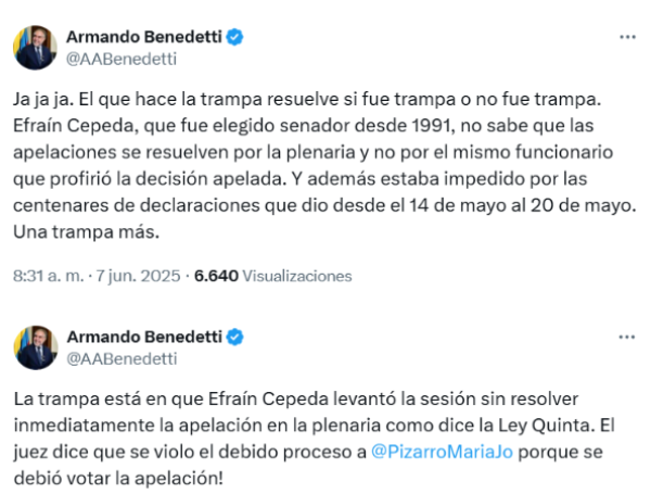 Benedetti responde a Efraín Cepeda sobre apelación de votación de consulta popular en el Senado