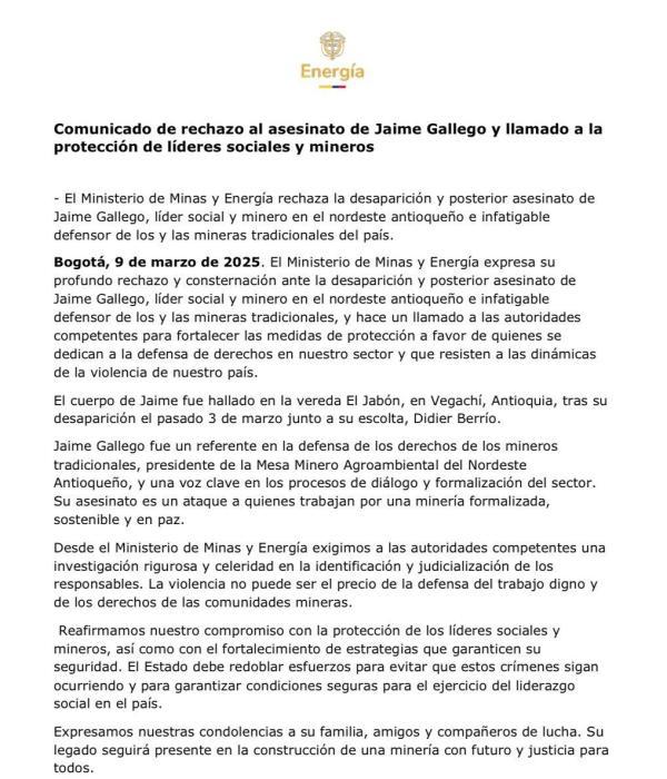 Comunicado del Ministerio de Minas y Energía sobre el asesinato de Jaime Gallego.