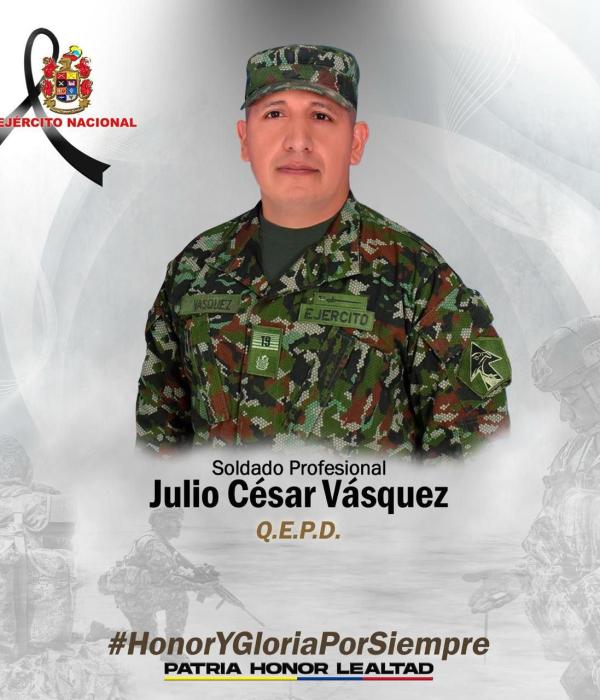 El soldado asesinado Julio César Vásquez. Había sido secuestrado en el municipio de Santander de Quilichao, en Cauca. Fue hallado sin vida en Jamundí.