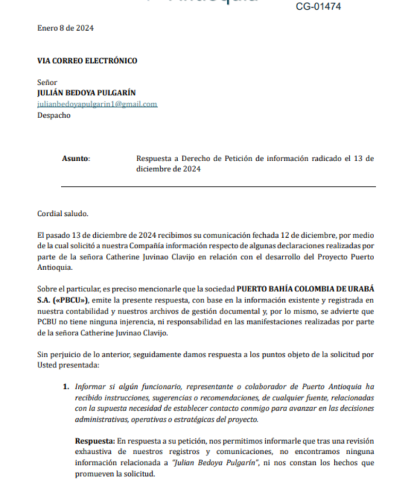 Derecho de petición radicado por el exsenador Julián Bedoya a la administración de Puerto Antioquia.