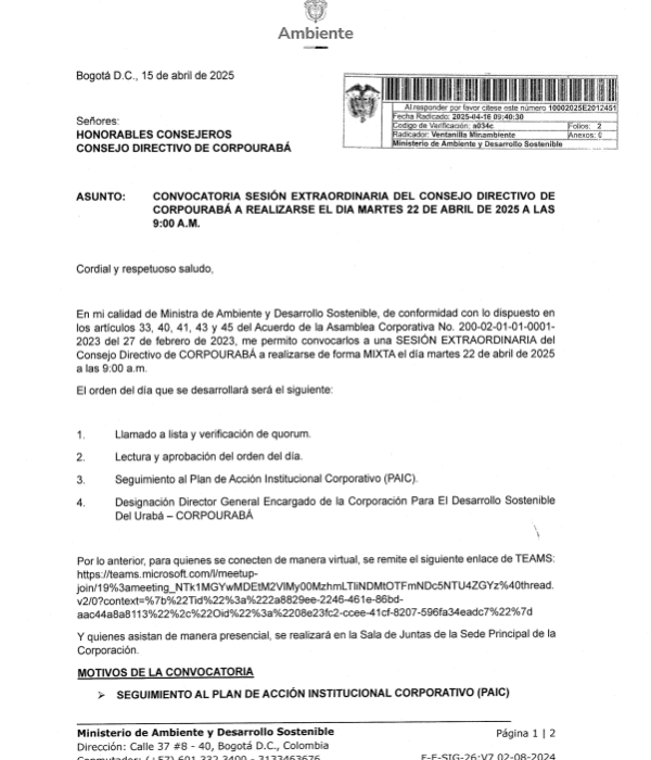 Convocatoria a consejo directivo extraordinario de Corpourabá citada por la ministra de Ambiente, Lena Estrada.