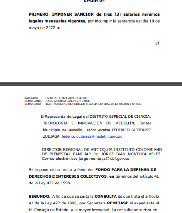 Auto del Tribunal de Antioquia que declaró en desacato a la sentencia a la alcaldía de Medellín y al ICBF.