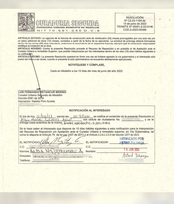 Licencia otorgada por la Curaduría Segunda para la intervención de Las Brisas.