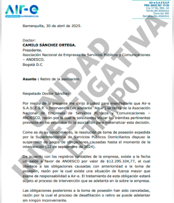 Carta de Air-e a Camilo Sánchez.