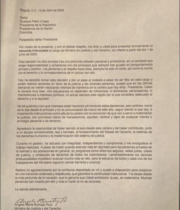 Este fue la renuncia de la saliente ministra Ángela María Buitrago.