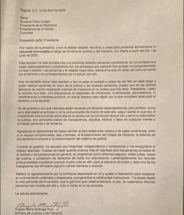 Este fue la renuncia de la saliente ministra Ángela María Buitrago.
