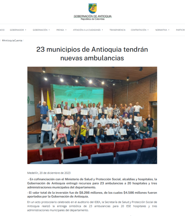 Boletín informativo de la Gobernación de Antioquia sobre la entrega de las ambulancias.