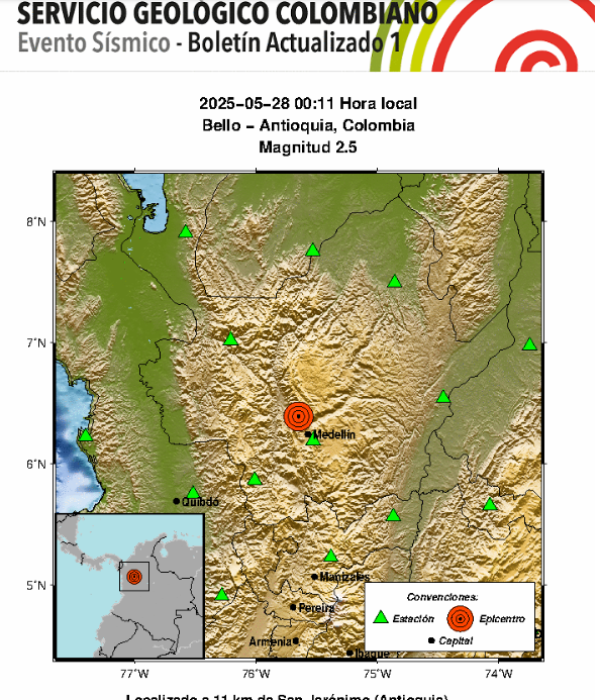 Reportan sismo en Antioquia este 28 de mayo