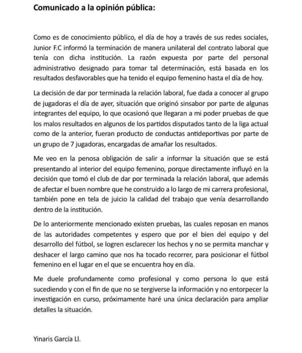 El comunicado de Yinaris García