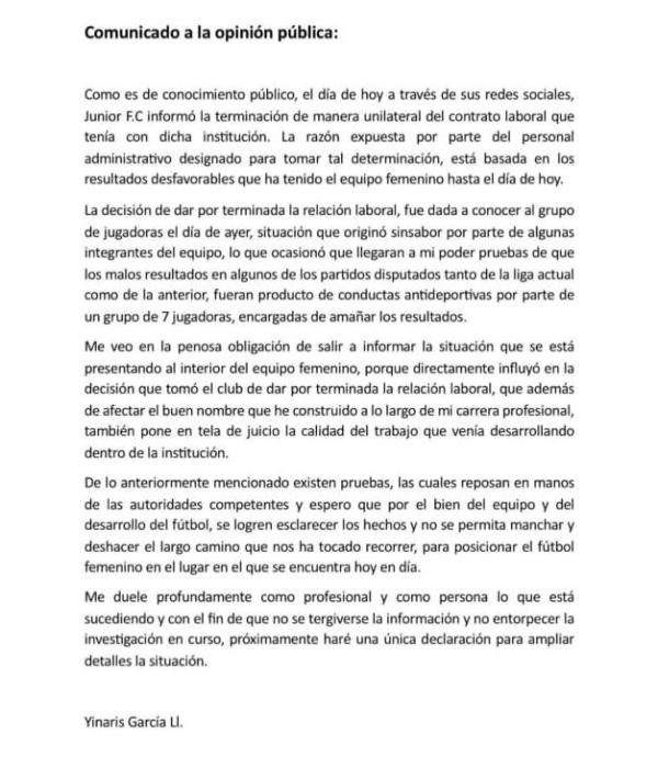 El comunicado de Yinaris García