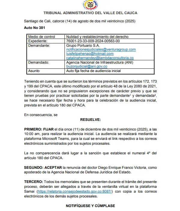 Auto sobre la audiencia fijada por el Tribunal Administrativo del Valle del Cauca.