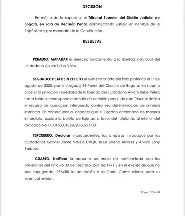 Fallo de tutela a Álvaro Uribe.