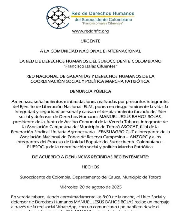 La denuncia realizada por la Red de Derechos Humanos ‘Francisco Isaías Cifuentes’.