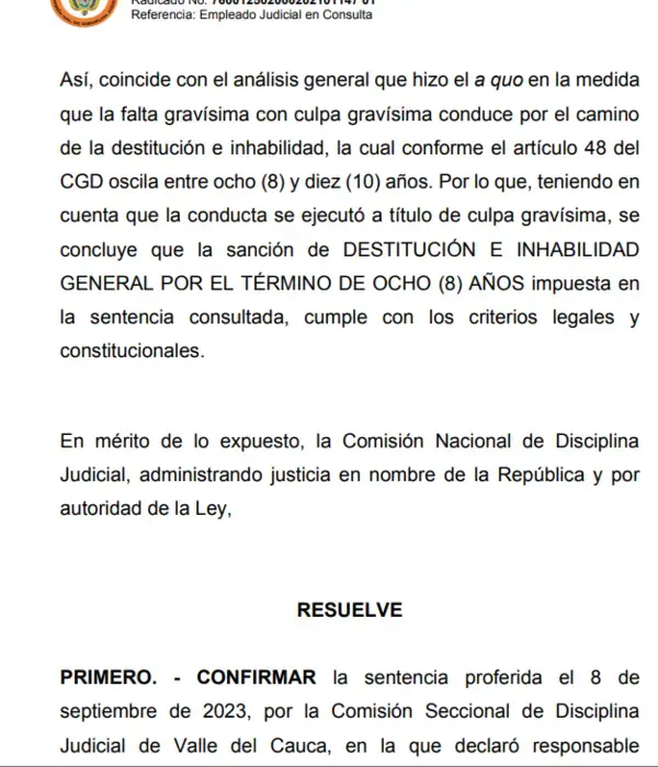 Sentencia del Consejo Nacional de Disciplina Judicial.