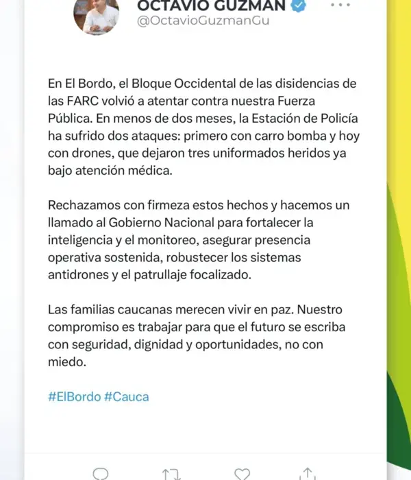 Rechazo del gobernador del Cauca, Octavio Guzmán, al nuevo ataque contra estación de Policía.