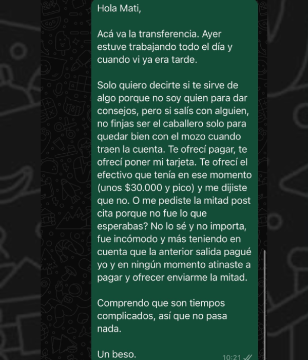 Mujer envió el dinero y le respondió a su cita.