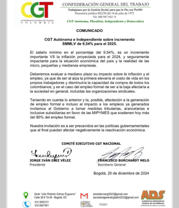 CGT pide al Gobierno analizar el alza del salario mínimo