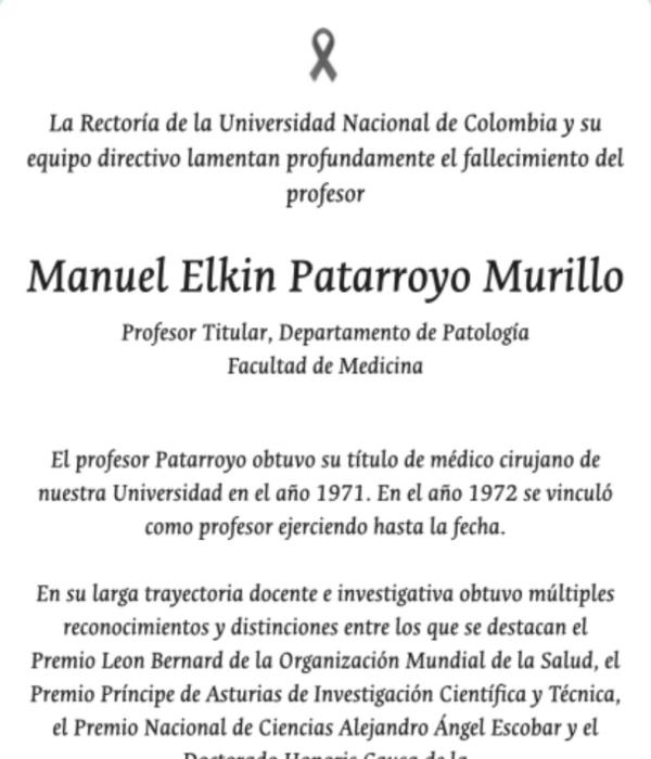 Mensaje de la Universidad Nacional por muerte de Manuel Elkin Patarroyo.