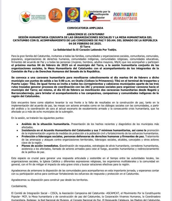 Organizaciones sociales del Catatumbo impulsan la convocatoria.