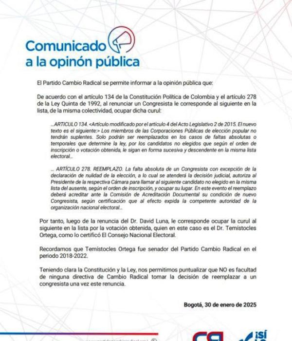 Comunicado del partido Cambio Radical.