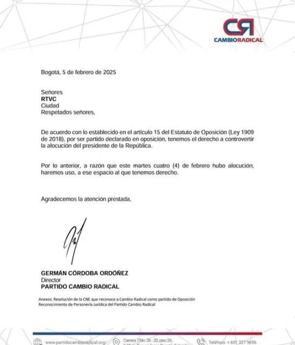 Este es el documento que envió Cambio Radical a RTVC.