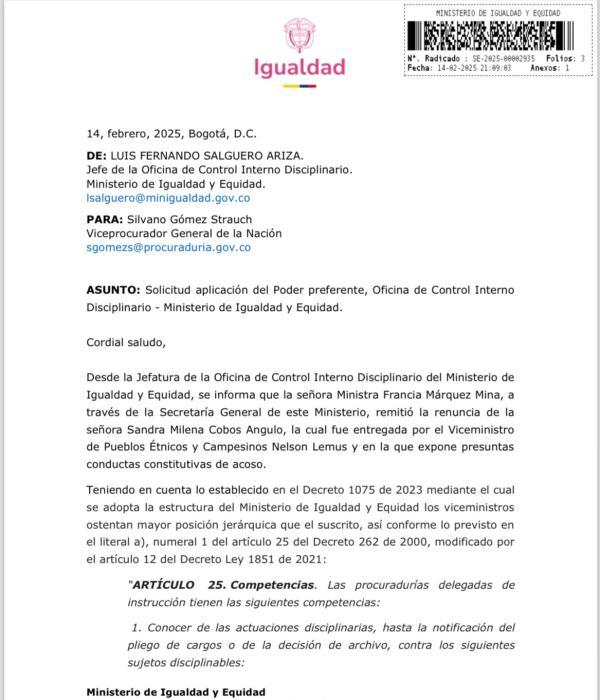 Carta del ministerio de Igualdad a la Procuraduría.