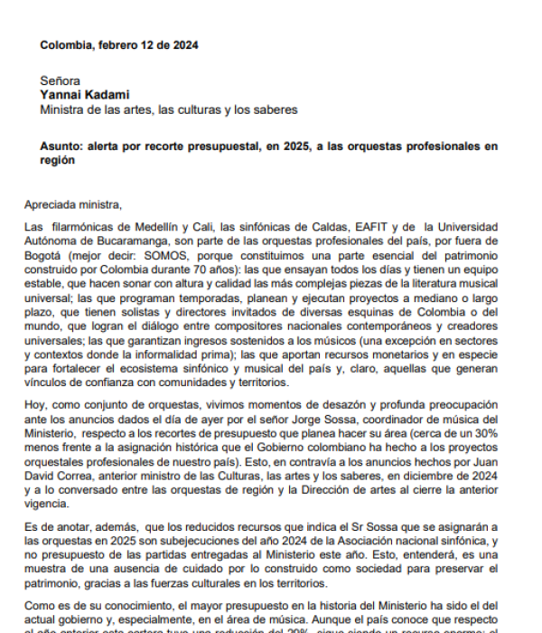 Carta de las orquestas a la ministra de Cultura.