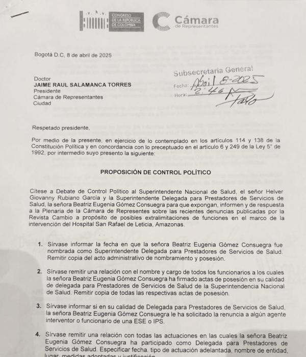 Proposición citación a debate de control político de Beatriz Gómez.