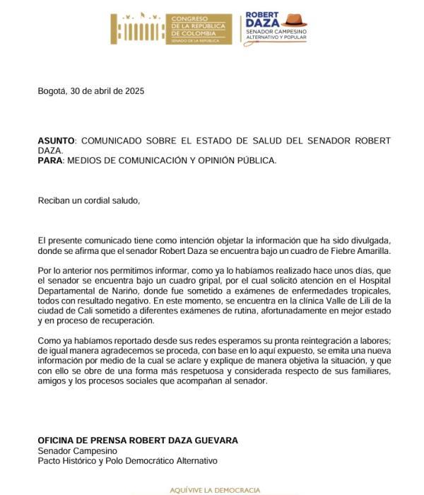 Comunicado del equipo de prensa de Robert Daza.