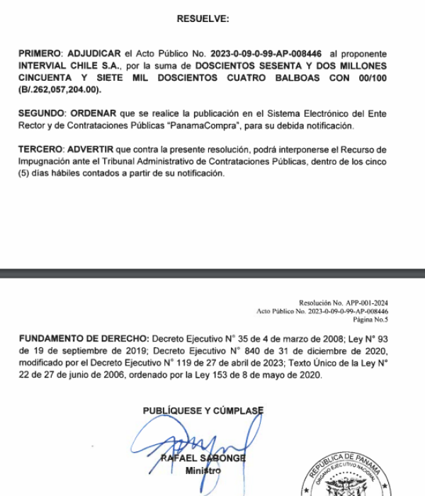 Resolución 001-APP-2024 del ministerio de Obras Públicas de Panamá.