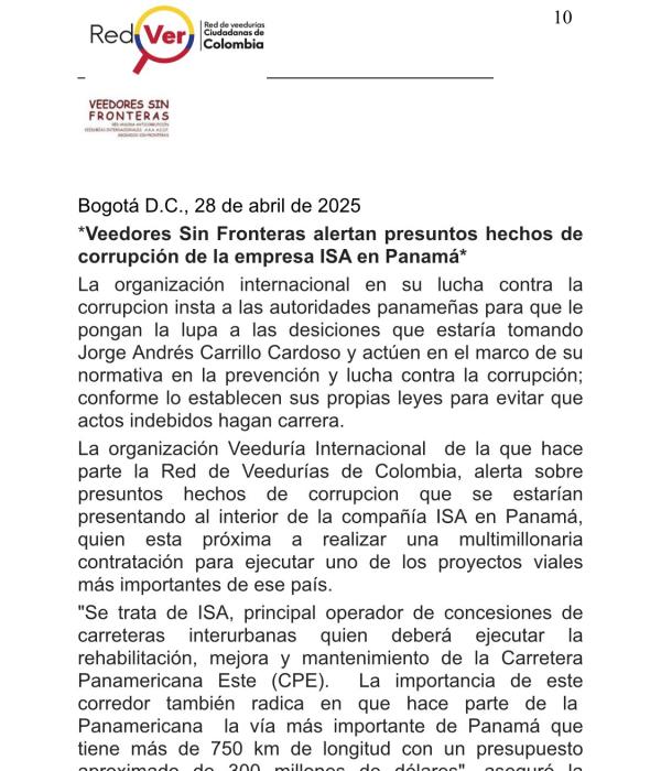 Fragmento del llamado de atención realizado por la red de veedurías Colombia sobre el proceso.