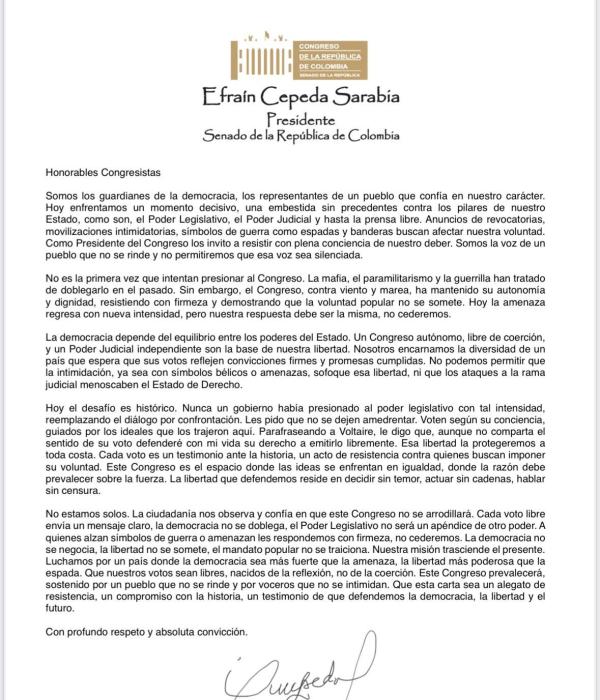 Esta fue la carta enviada por Efraín Cepeda a los congresistas.