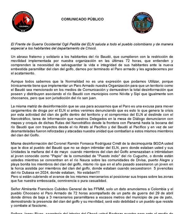 Comunicado levantamiento del paro armado del Eln.