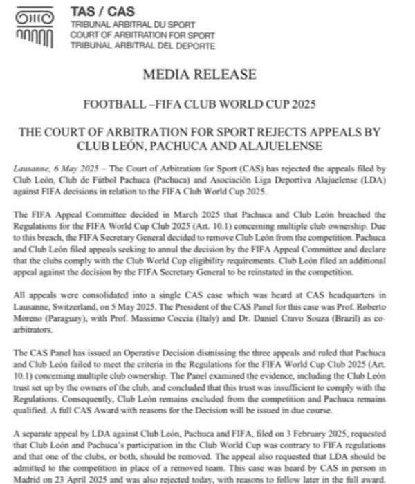 Nota del TAS sobre el León y el Mundial de Clubes