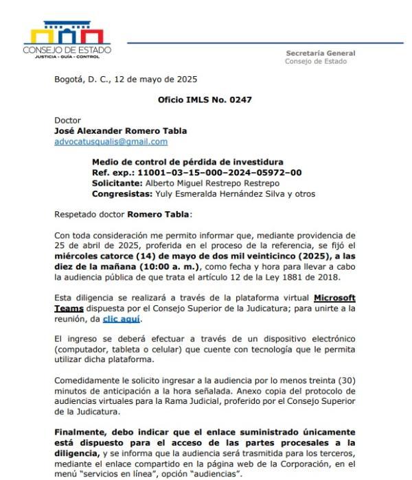 Este es el documento de la citación a la audiencia.